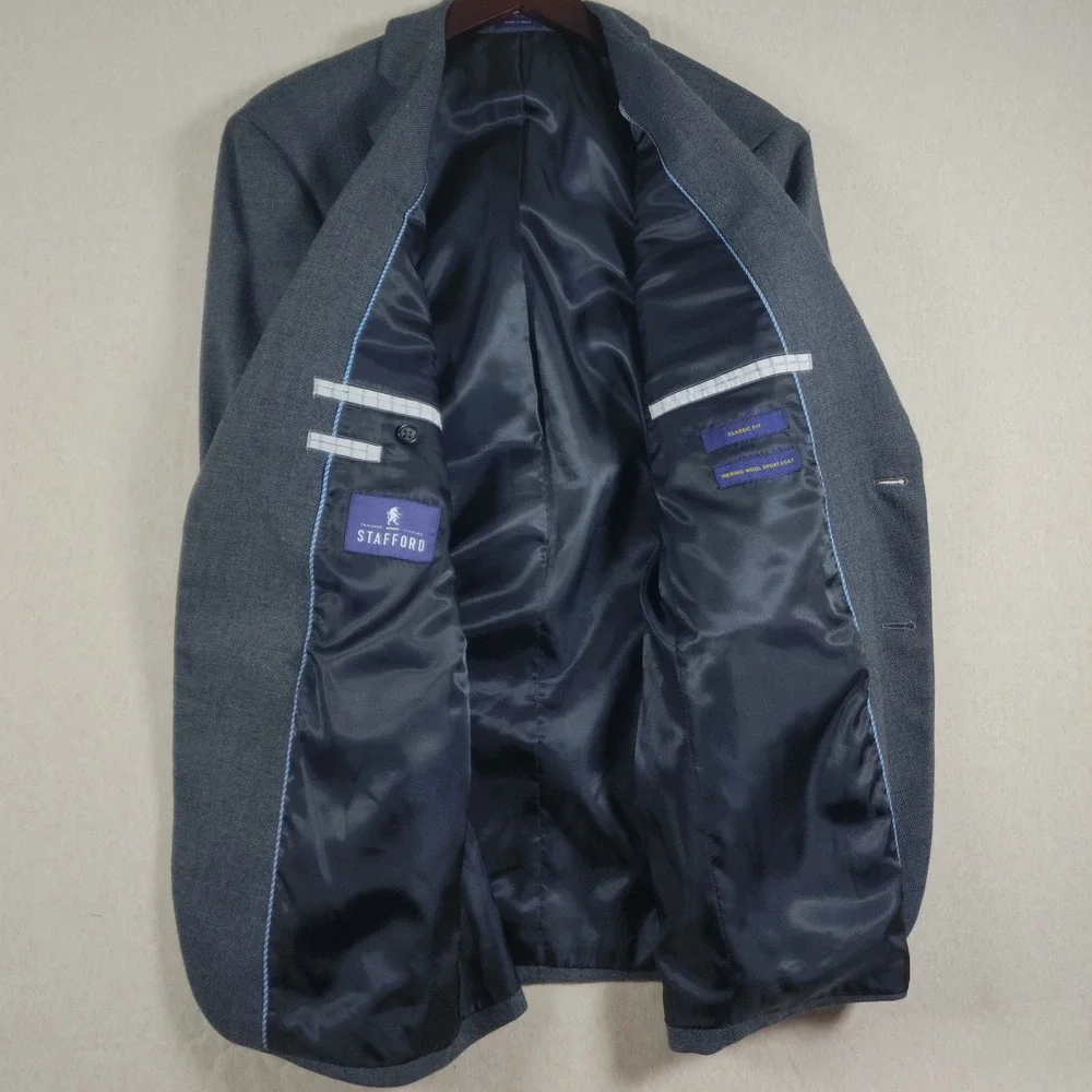 100 Merino Wool Sport Coat Mens 44R Gray Blazer Dark Academia Stafford Jacket